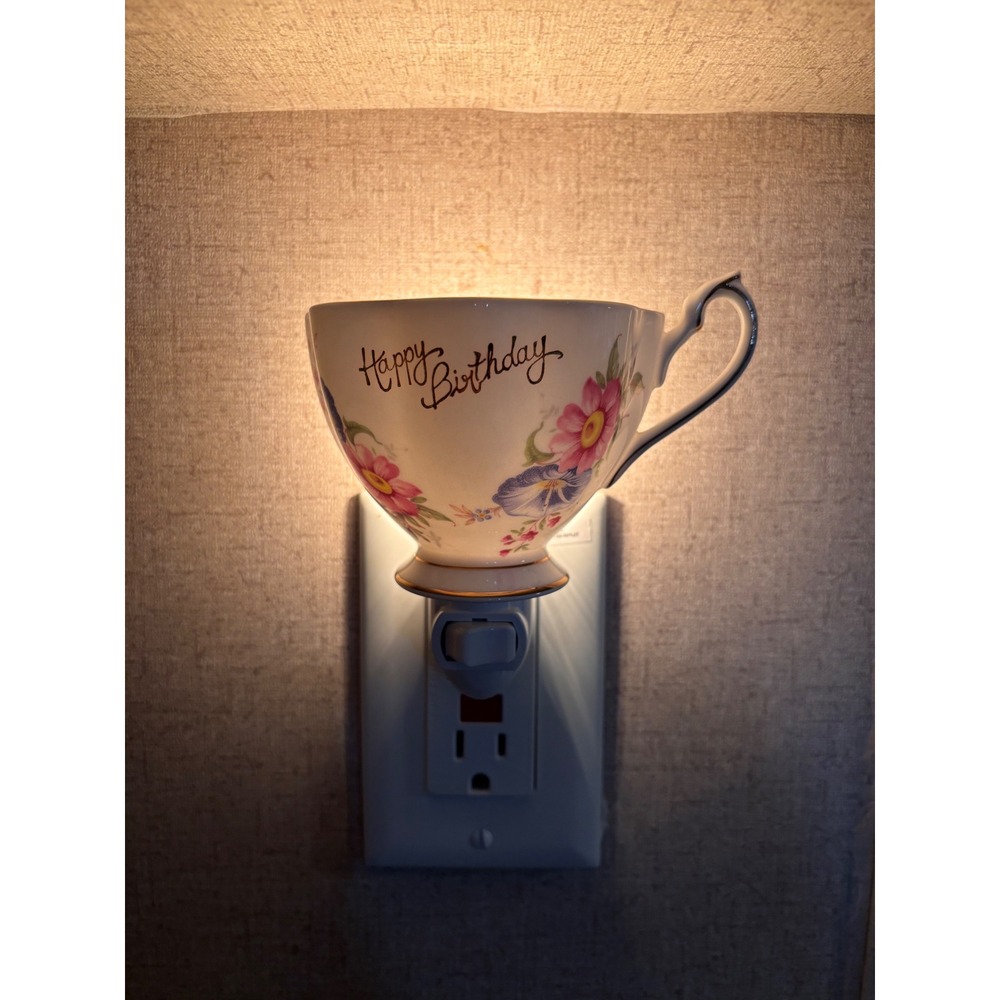 Handcrafted Happy Birthday‎ Teacup Night Light Floral China Gold Trim Plug In